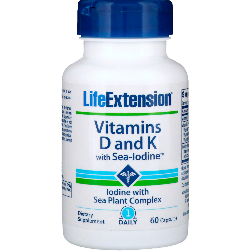 Life Extension, vitamin D og K med sjøjod, 60 kapsler