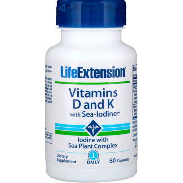Life Extension, Vitaminas D y K con Yodo Marino, 60 Cápsulas