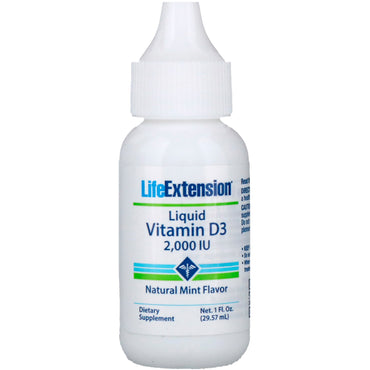 Life Extension, Vitamina D3 líquida, sabor natural a menta, 2000 UI, 1 fl oz (29,57 ml)