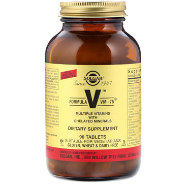 Solgar, Fórmula V, VM-75, múltiples vitaminas con minerales quelados, 90 tabletas