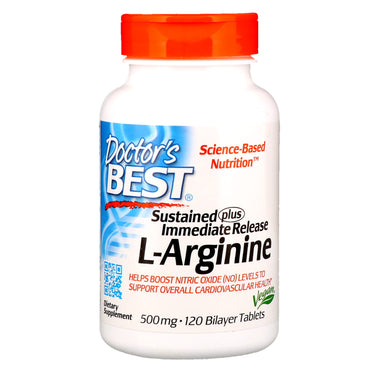 Doctor's Best, aanhoudende plus onmiddellijke afgifte L-arginine, 500 mg, 120 dubbellaagse tabletten