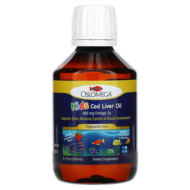 Oslomega, olio di fegato di merluzzo per bambini norvegese, aroma naturale di fragola, 480 mg, 6,7 fl oz (200 ml)