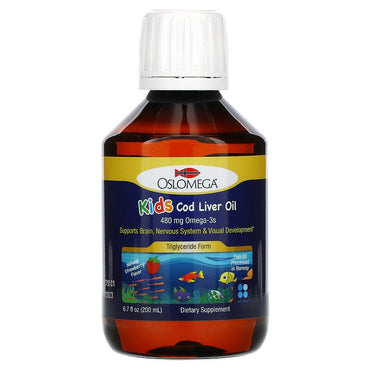Oslomega, Óleo de Fígado de Bacalhau Infantil Norueguês, Sabor Natural de Morango, 480 mg, 200 ml (6,7 fl oz)