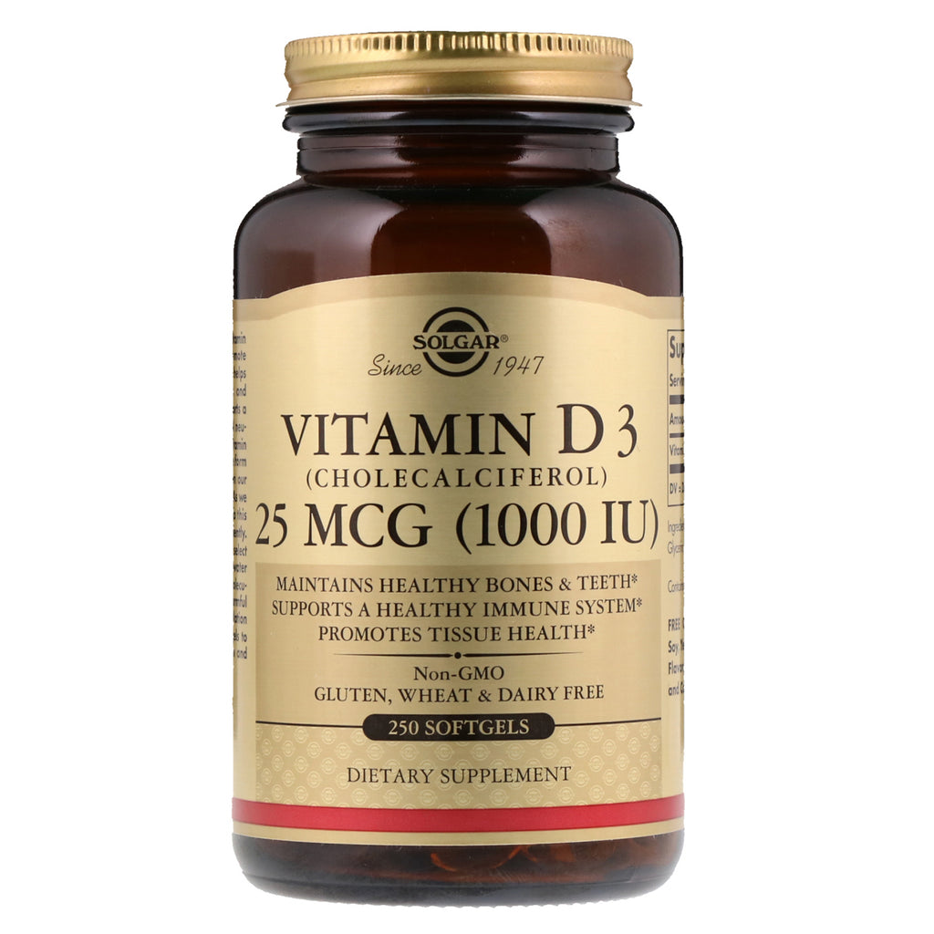 Solgar, vitamina d3 (colecalciferol), 1000 UI, 250 cápsulas moles
