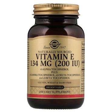 Solgar, vitamina E natural, 200 UI, d-alfa tocoferol y tocoferoles mixtos, 100 cápsulas blandas