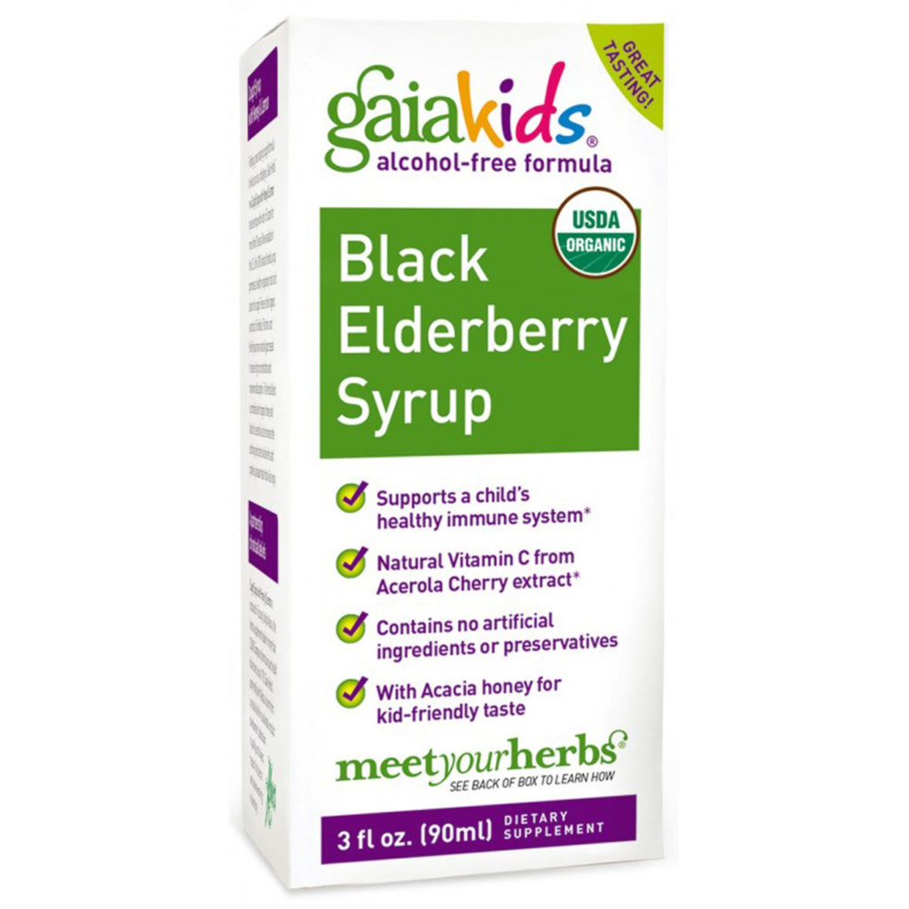 สมุนไพร Gaia, Kids, น้ำเชื่อม Black Elderberry, สูตรปราศจากแอลกอฮอล์, 3 ออนซ์ (90 มล.)
