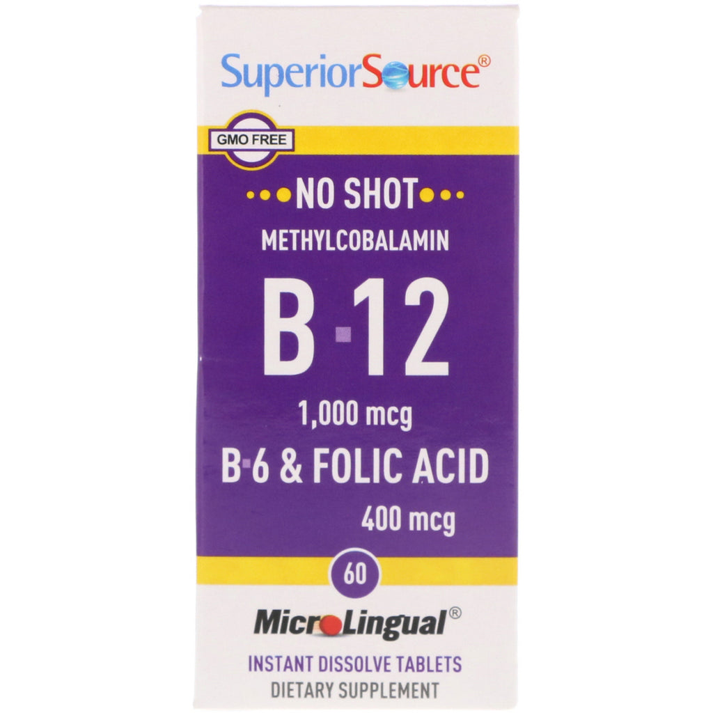 Sursă superioară, metilcobalamină B-12 1000 mcg, B-6 și acid folic 400 mcg, 60 tablete MicroLingual cu dizolvare instantanee