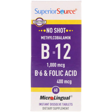 Superior Source, Metilcobalamina B-12 1000 mcg, B-6 e ácido fólico 400 mcg, 60 comprimidos de dissolução instantânea MicroLingual