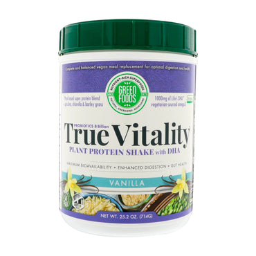 Green Foods Corporation, True Vitality, Plant Protein Shake with DHA, Vanilla, 25.2 oz (714 g)