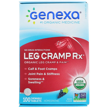 Genexa, Leg Cramp Rx, calambres y dolor en las piernas, sabor a uva, 100 tabletas masticables