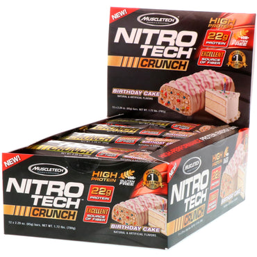 Muscletech Nitro Tech Crunch Bars เค้กวันเกิด 12 แท่ง ชิ้นละ 2.29 ออนซ์ (65 กรัม)