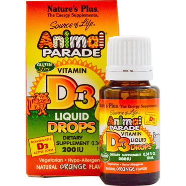 Nature's Plus, kilde til liv, dyreparade, vitamin D3, flytende dråper, naturlig appelsinsmak, 200 IE, 0,34 fl oz (10 ml)