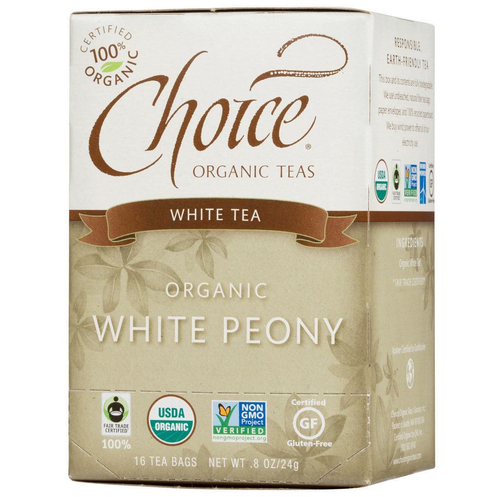 Choice Teas, té blanco, peonía blanca, 16 bolsitas de té, 24 g (0,8 oz)