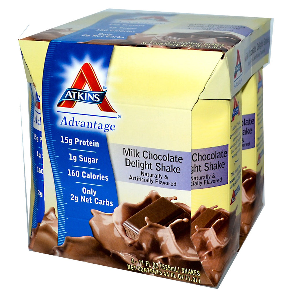 Atkins, Advantage, batido delicioso de chocolate con leche, 4 batidos, 11 fl oz (325 ml) cada uno