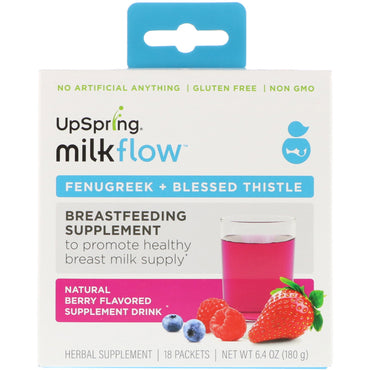 UpSpring, Milkflow, Fenugreek + Blessed Thistle Supplement Drink, Natural Berry Flavor, 18 Packets, 0.35 oz (10 g) Each