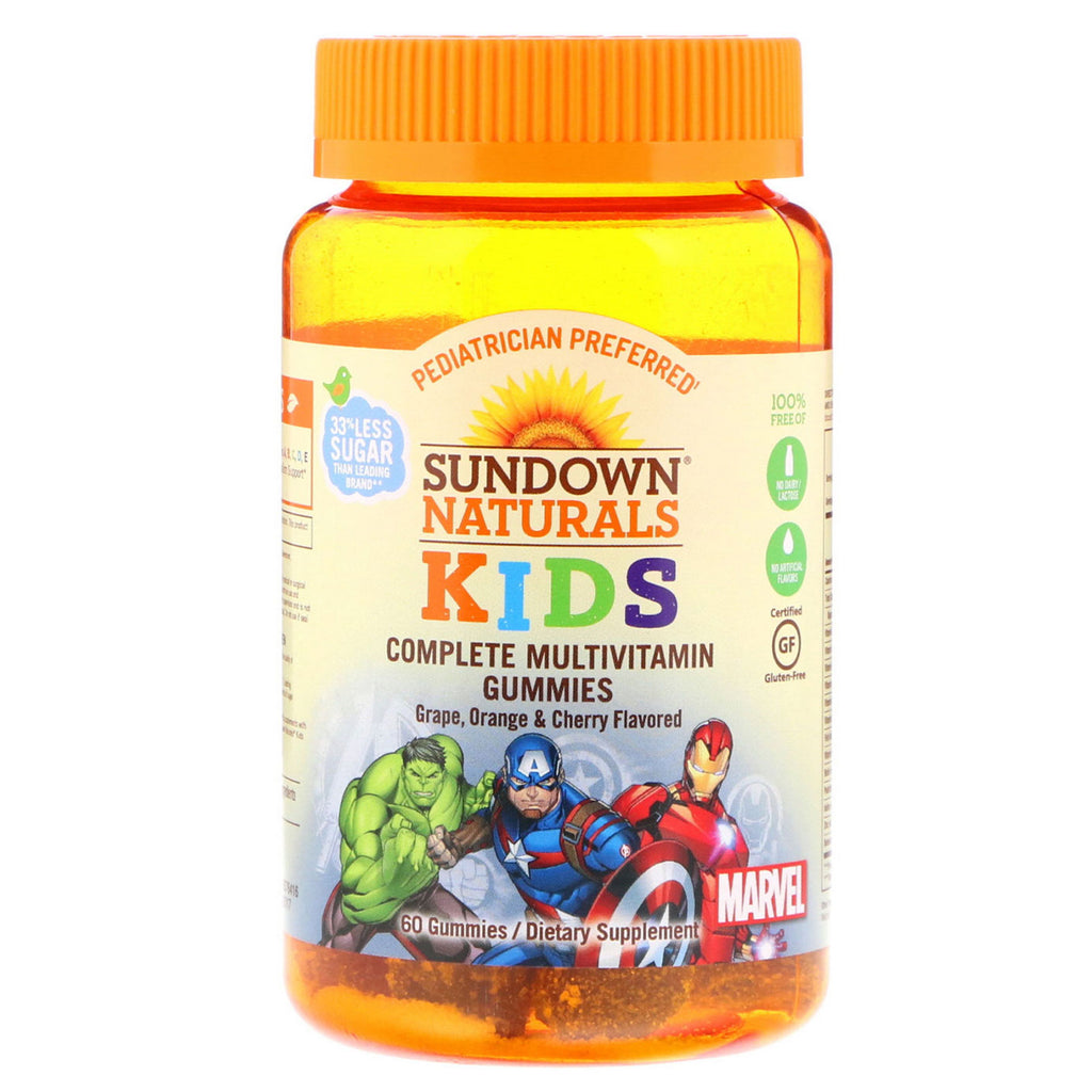 Sundown naturals børn, komplette multivitamingummier, marvel avengers, drue, appelsin og kirsebær, 60 gummier