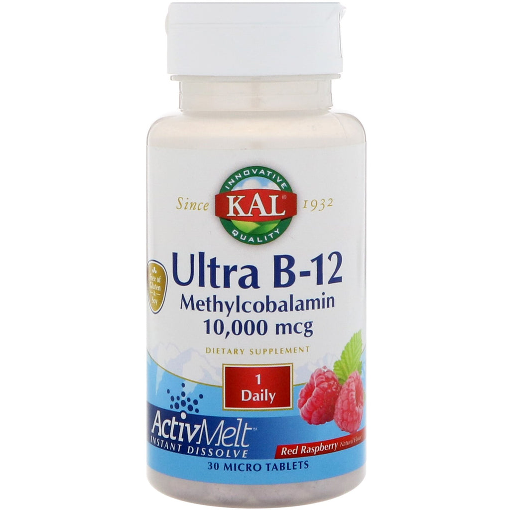 KAL, Ultra B-12 Metilcobalamina ActivMelt, sabor frambuesa, 10 000 mcg, 30 microcomprimidos