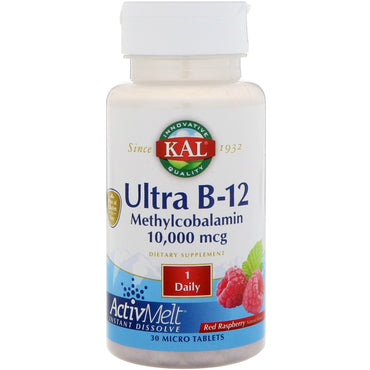 KAL, Ultra B-12 Methylcobalamine ActivMelt, frambozensmaak, 10.000 mcg, 30 microtabletten