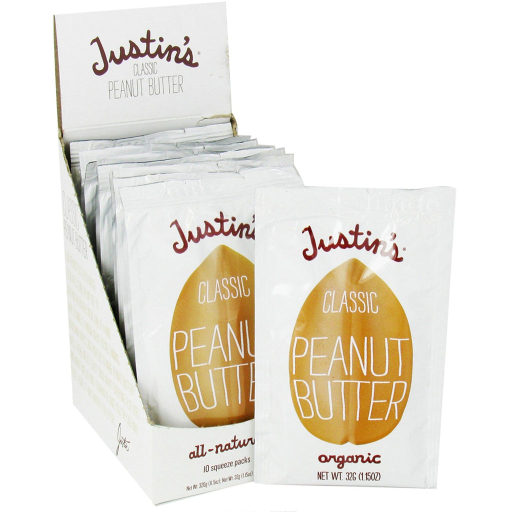 Manteiga de Nozes Justin's, Manteiga de Amendoim Clássica, 10 Pacotes Squeeze, 32 g (1,15 onças) por Pacote