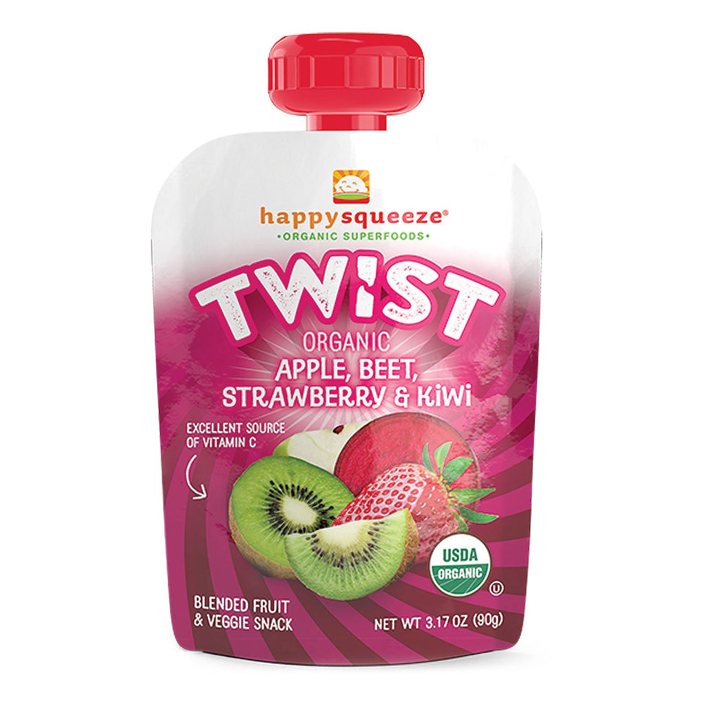 Nurture Inc. (Happy Baby) Happy Squeeze Superfoods Twist Apple Beet Strawberry & Kiwi 4 שקיות 3.17 אונקיות (90 גרם) כל אחת