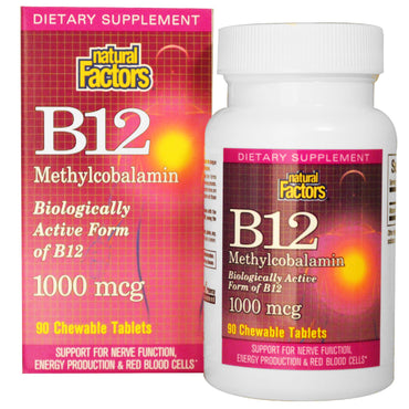Natural Factors, B12, Metilcobalamina, 1000 mcg, 90 Comprimidos Mastigáveis