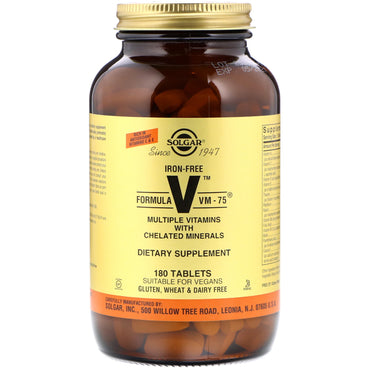 Solgar, Fórmula V, VM-75, múltiples vitaminas con minerales quelados, sin hierro, 180 tabletas