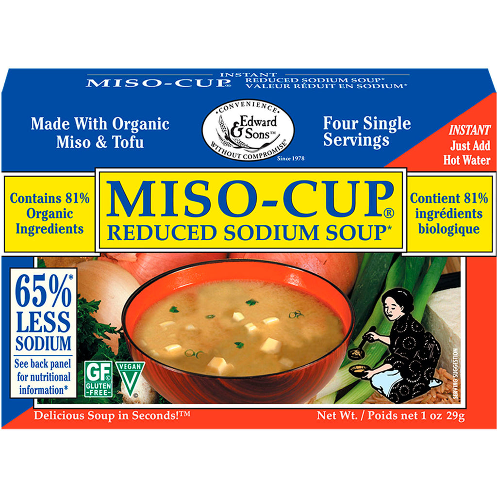 Edward & Sons, Miso-Cup, soupe à teneur réduite en sodium, 4 enveloppes à portion individuelle, 7,2 g chacune