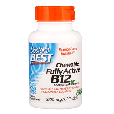 Doctor's Best, tuggbar fullt aktiv B12, chokladmint, 1 000 mcg, 60 tabletter