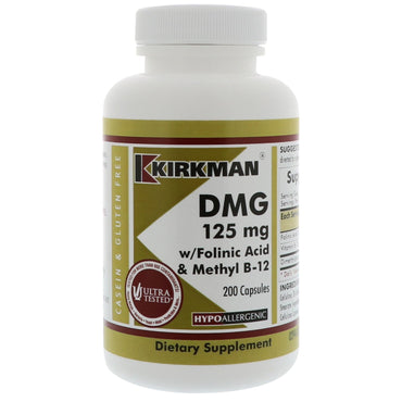 Kirkman Labs, DMG, 엽산 및 메틸 B-12 함유, 125 mg, 200 캡슐