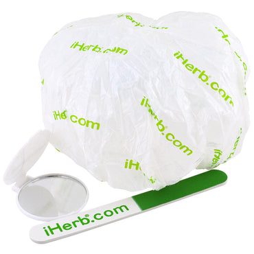 iHerb Goods, Promotional Shower Cap, Mirror & Nail File Pieces