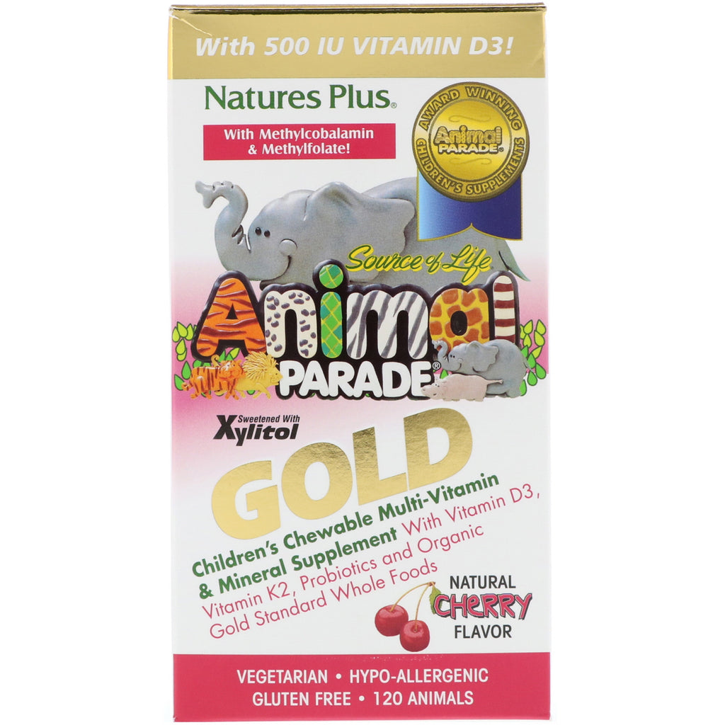 Nature's Plus, Source of Life Animal Parade Gold, 어린이용 츄어블 종합 비타민 및 미네랄 보충제, 천연 체리 맛, 120종 동물