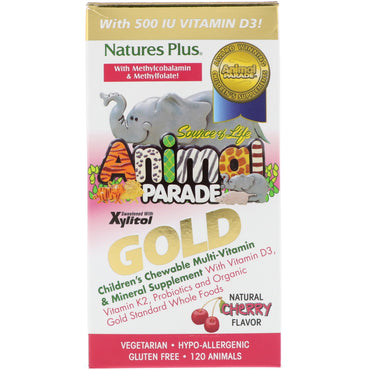 Nature's Plus, Source of Life Animal Parade Gold, suplemento multivitamínico y mineral masticable para niños, sabor natural a cereza, 120 animales