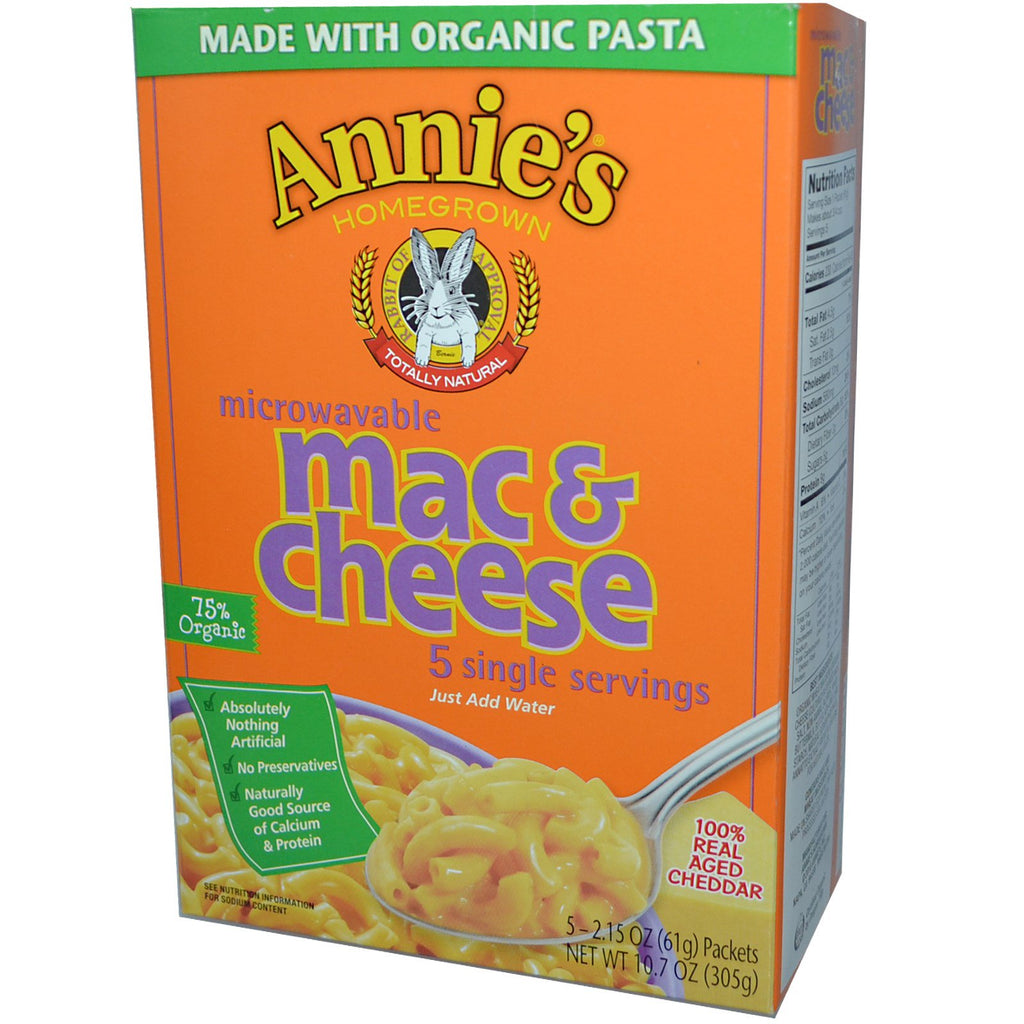 Annie's Homegrown Mac & Cheese Real Aged Cheddar ในไมโครเวฟได้ 5 แพ็คเก็ต 2.15 ออนซ์ (61 กรัม) ต่อชิ้น