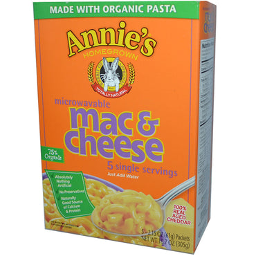 Annie's Homegrown Microwavable Mac & Cheese Real Aged Cheddar 5 Pakketten 2,15 oz (61 g) Elk