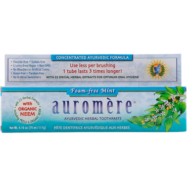 Auromere, pasta de dente à base de ervas ayurvédica, sem espuma, hortelã, 117 g (4,16 oz)