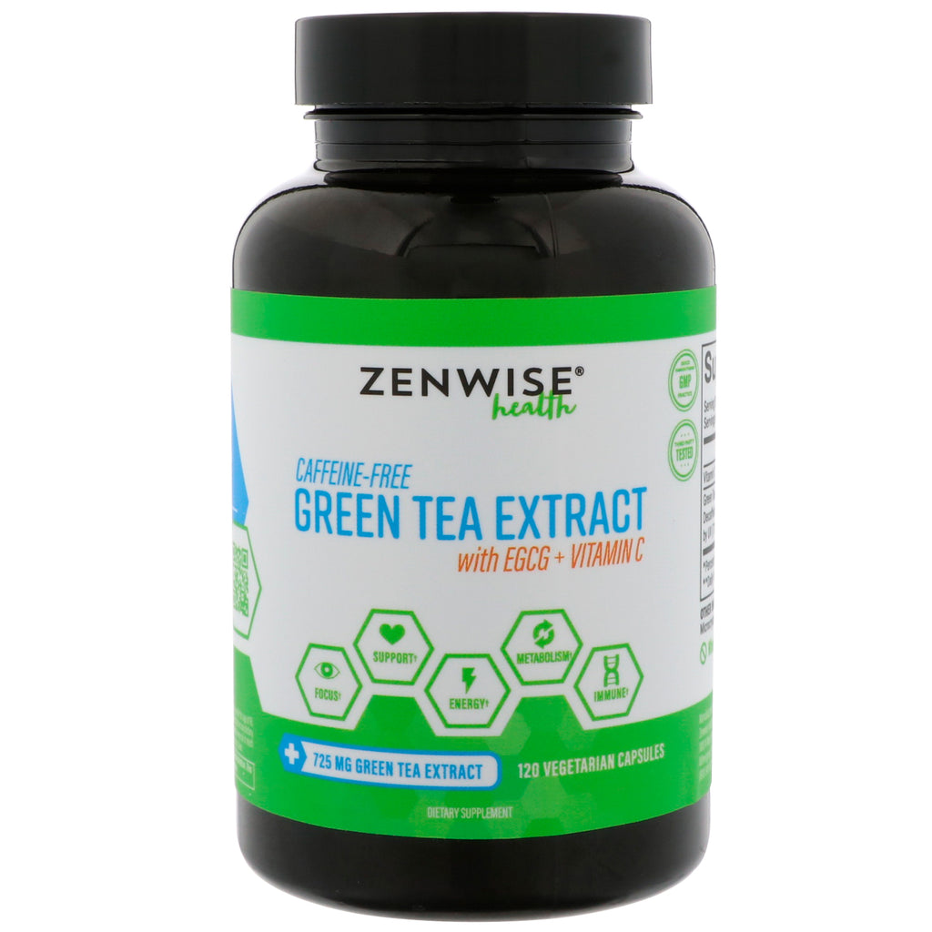 Zenwise Health, koffeinfri grønn teekstrakt med EGCG + vitamin C, 120 vegetariske kapsler