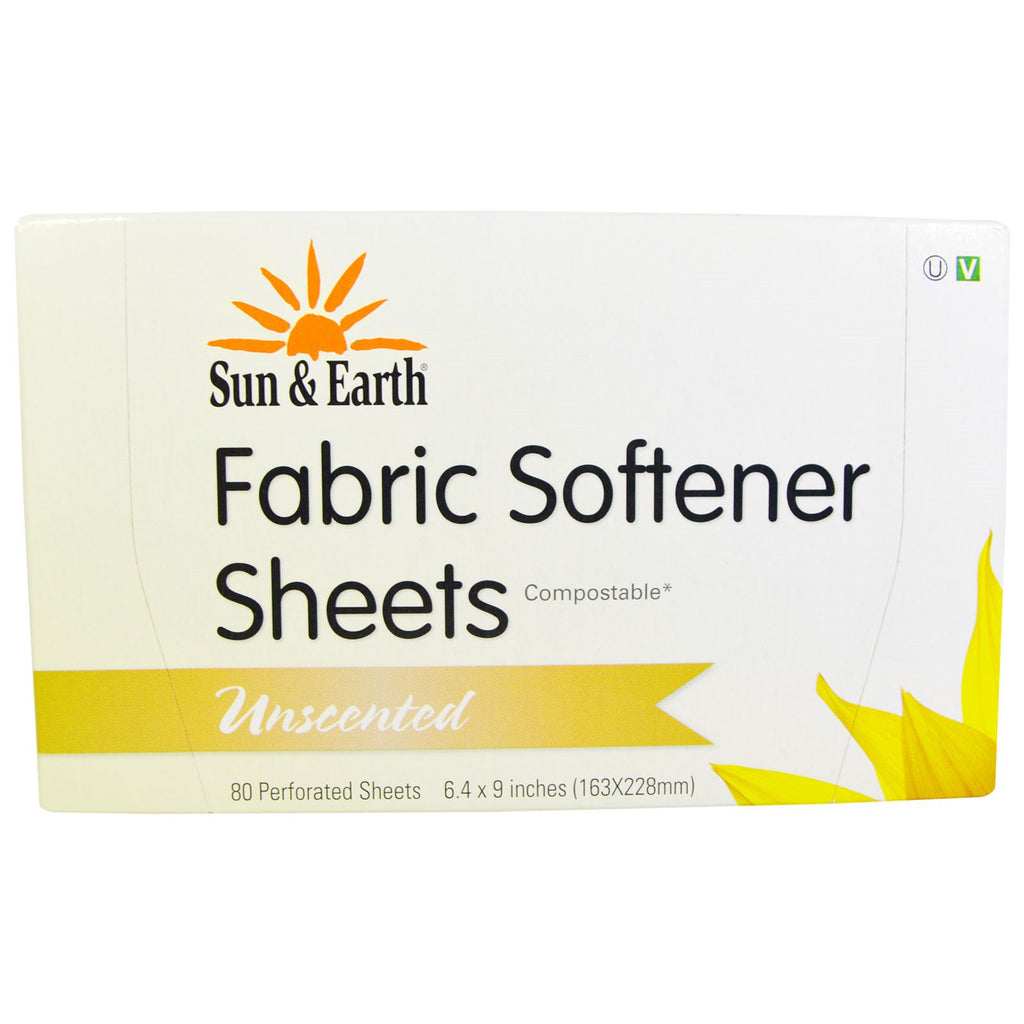 Sun & Earth, Fabric Softener Sheets, Unscented, 80 Perforated Sheets, 6.4 in x 9 in Each