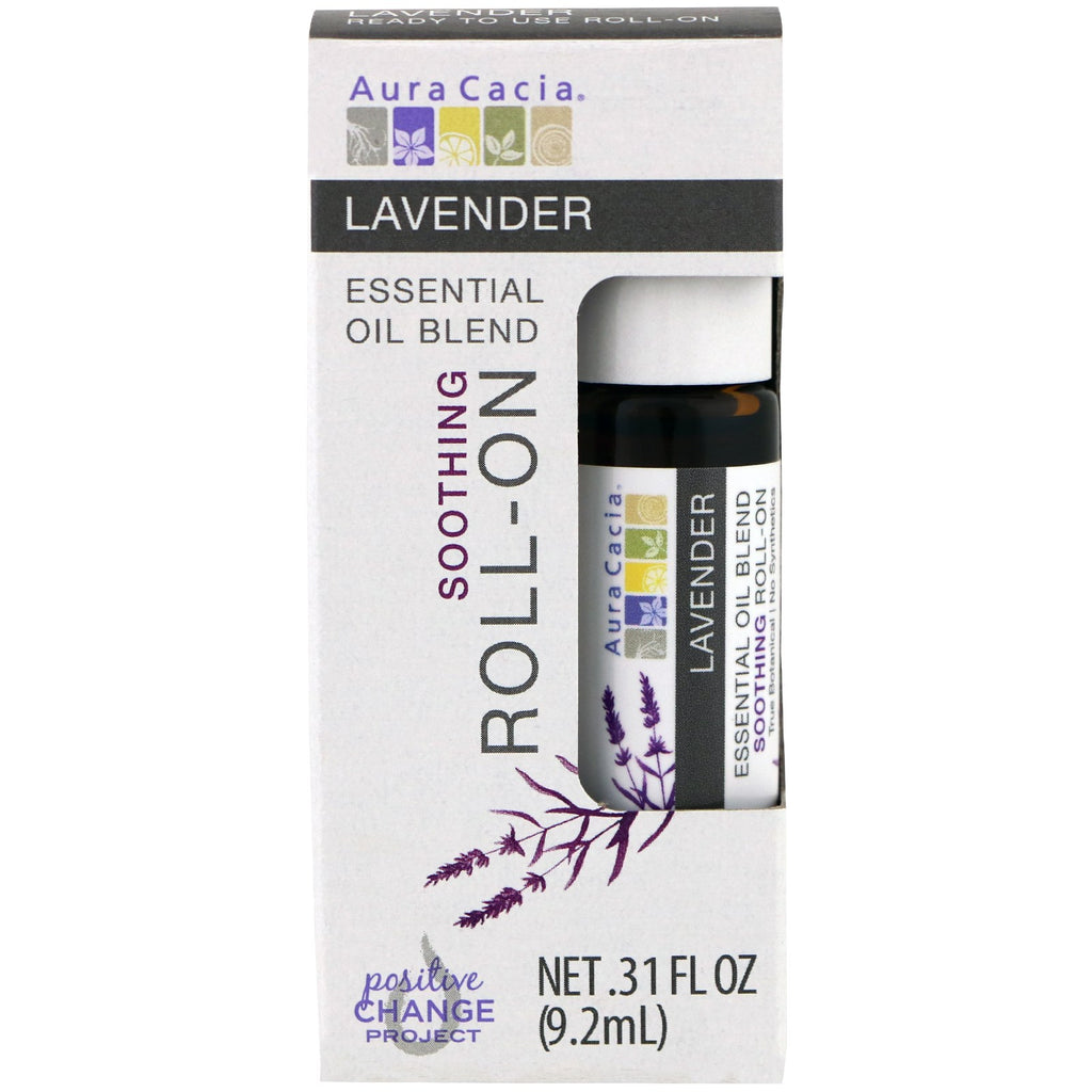 Aura Cacia, æterisk olieblanding, beroligende roll-on, lavendel, 0,31 fl oz (9,2 ml)
