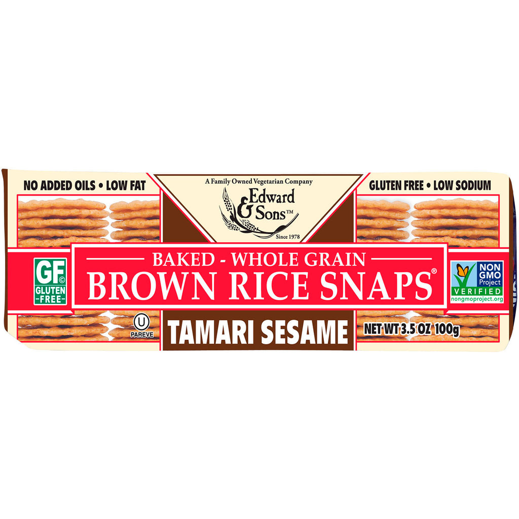 Edward &amp; Sons, Snaps de riz brun à grains entiers cuits au four, sésame Tamari, 3,5 oz (100 g)