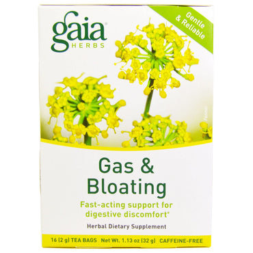 Gaia Herbs, الغازات والانتفاخ، خالي من الكافيين، 16 كيس شاي، 1.13 أونصة (32 جم)