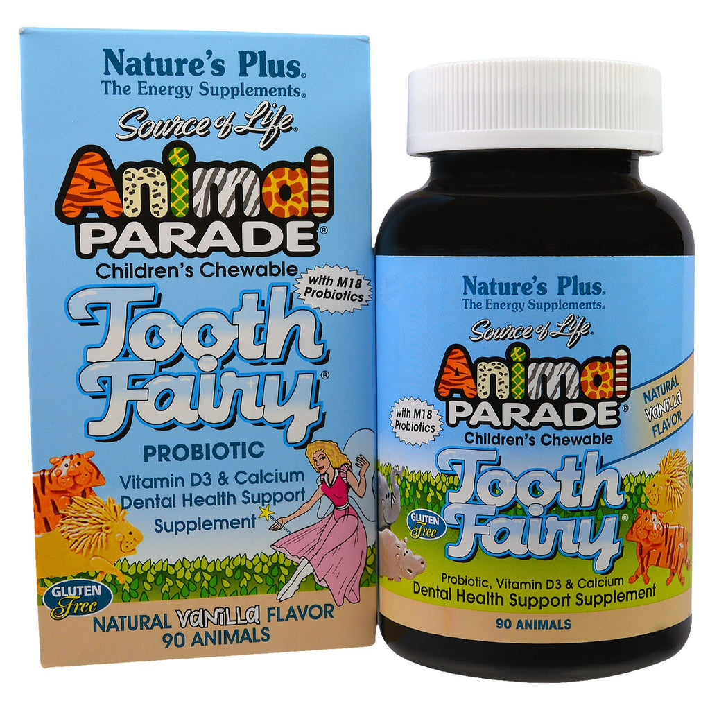 Nature's Plus, Source of Life, Animal Parade, Probiotico della fatina dei denti, masticabile per bambini, Aroma naturale di vaniglia, 90 animali