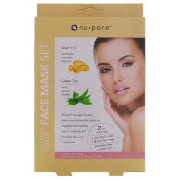 Nu-Pore, Collagen Essence Face Mask Set, Vitamin E & Green Tea, 2 Single-Use Masks, 0.85 fl oz (25 g) Each
