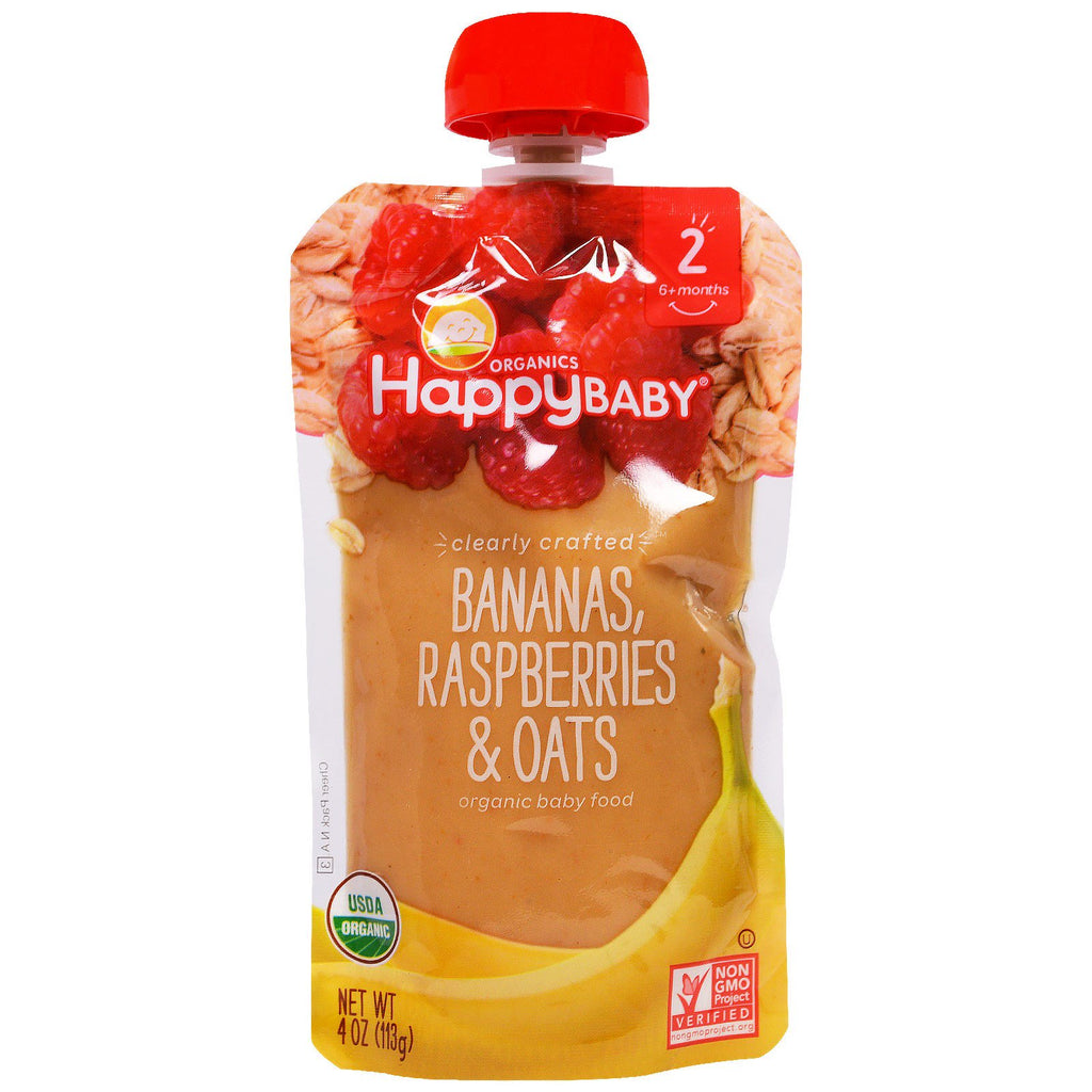 (Happy Baby) Comida para bebês, estágio 2, bananas claramente elaboradas, framboesas e aveia, 6 meses ou mais, 4 onças (113 g)