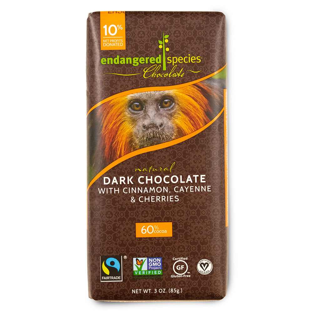 Chocolate de especies en peligro de extinción, chocolate amargo natural con canela, cayena y cerezas, 3 oz (85 g)