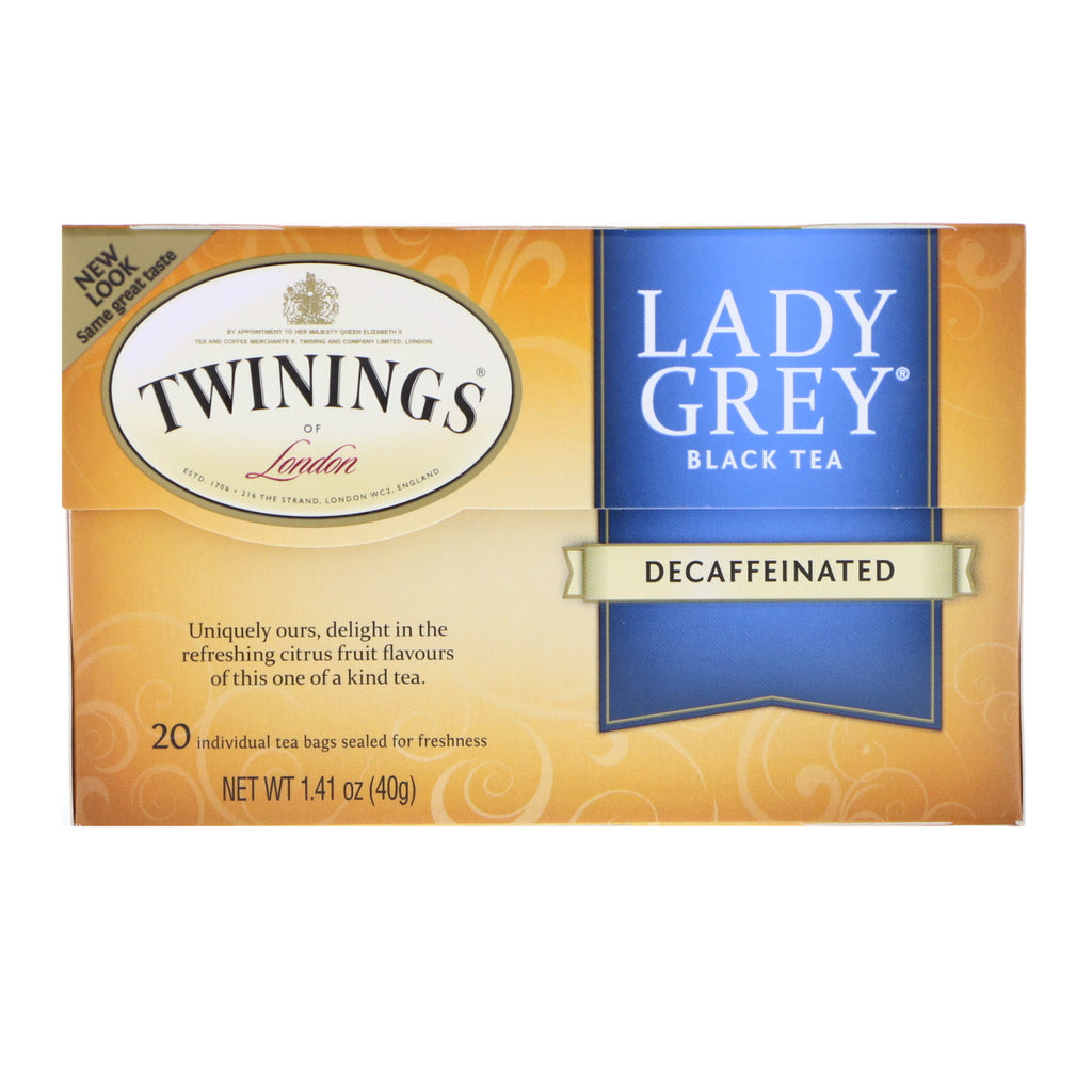 Twinings Lady Grey Black Tea ไม่มีคาเฟอีน ถุงชา 20 ซอง 1.41 ออนซ์ (40 กรัม)