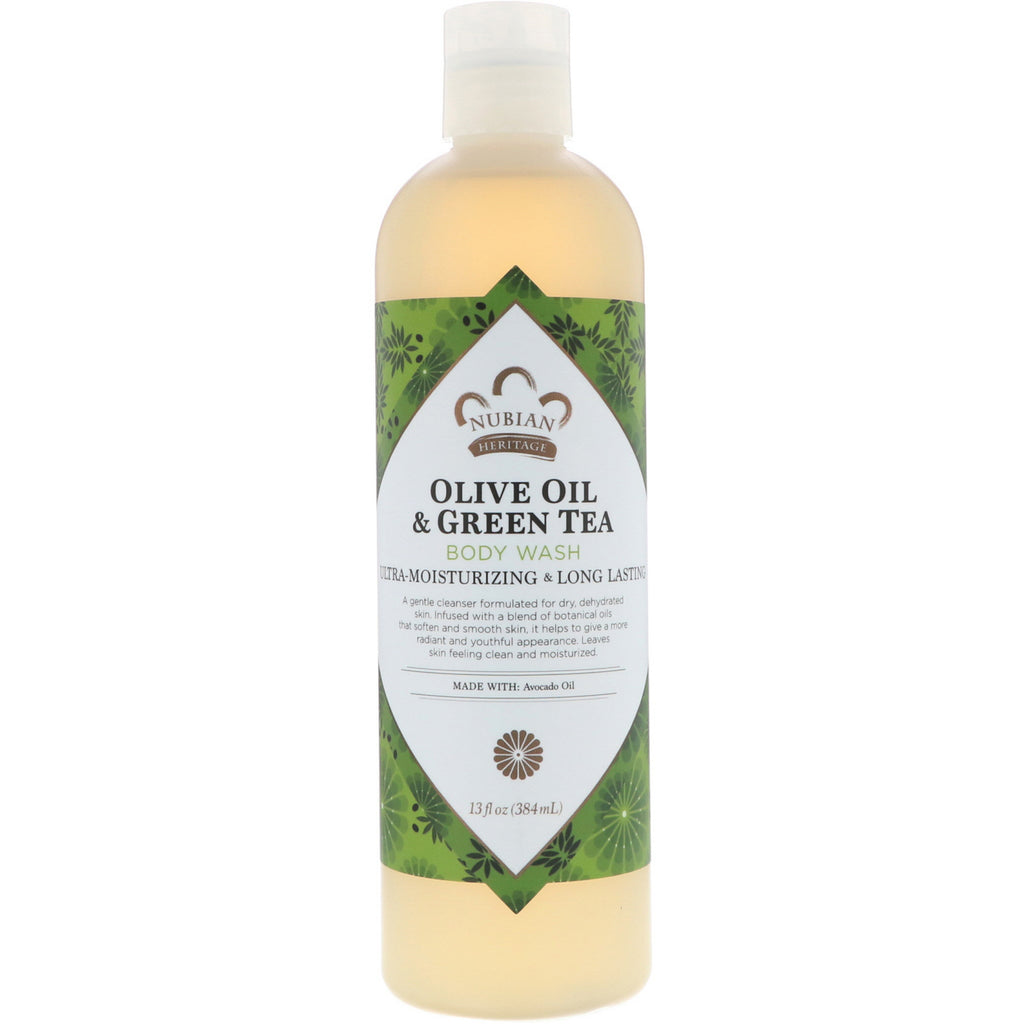 Nubian Heritage, Gel de baño, aceite de oliva y té verde, 13 fl oz (384 ml)