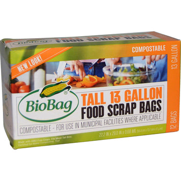 Biobag, أكياس بقايا طعام طويلة 13 جالون، 12 كيس، 22.2 بوصة × 29.0 بوصة × 0.68 مل