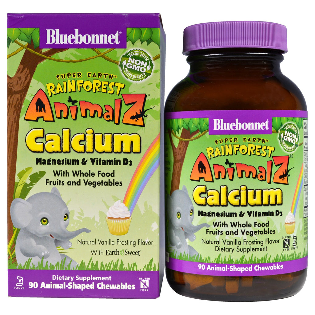 Bluebonnet Nutrition، Super Earth، Rainforest Animalz، الكالسيوم والمغنيسيوم وفيتامين D3، نكهة الفانيليا الطبيعية، 90 قطعة قابلة للمضغ على شكل حيوان