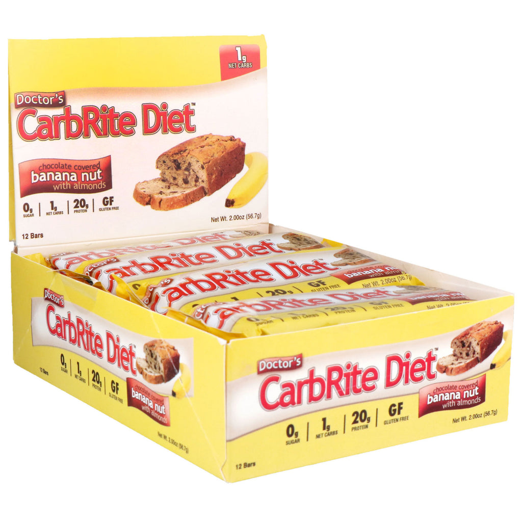 Universal Nutrition Doctor's CarbRite Diet Nuez de plátano cubierta de chocolate con almendras 12 barras de 2 oz (56,7 g) cada una