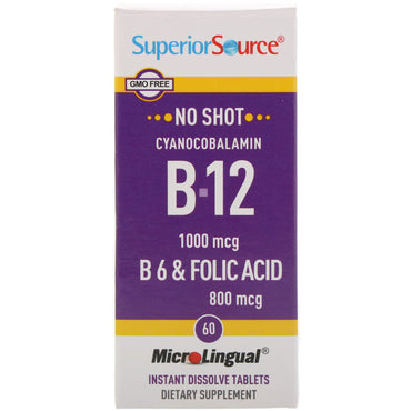 Superior Source, cianocobalamina B-12 1000 mcg, B-6 y ácido fólico 800 mcg, 60 tabletas microlinguales de disolución instantánea